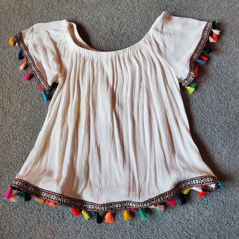 Boho Chic White Top with Colorful Tassels